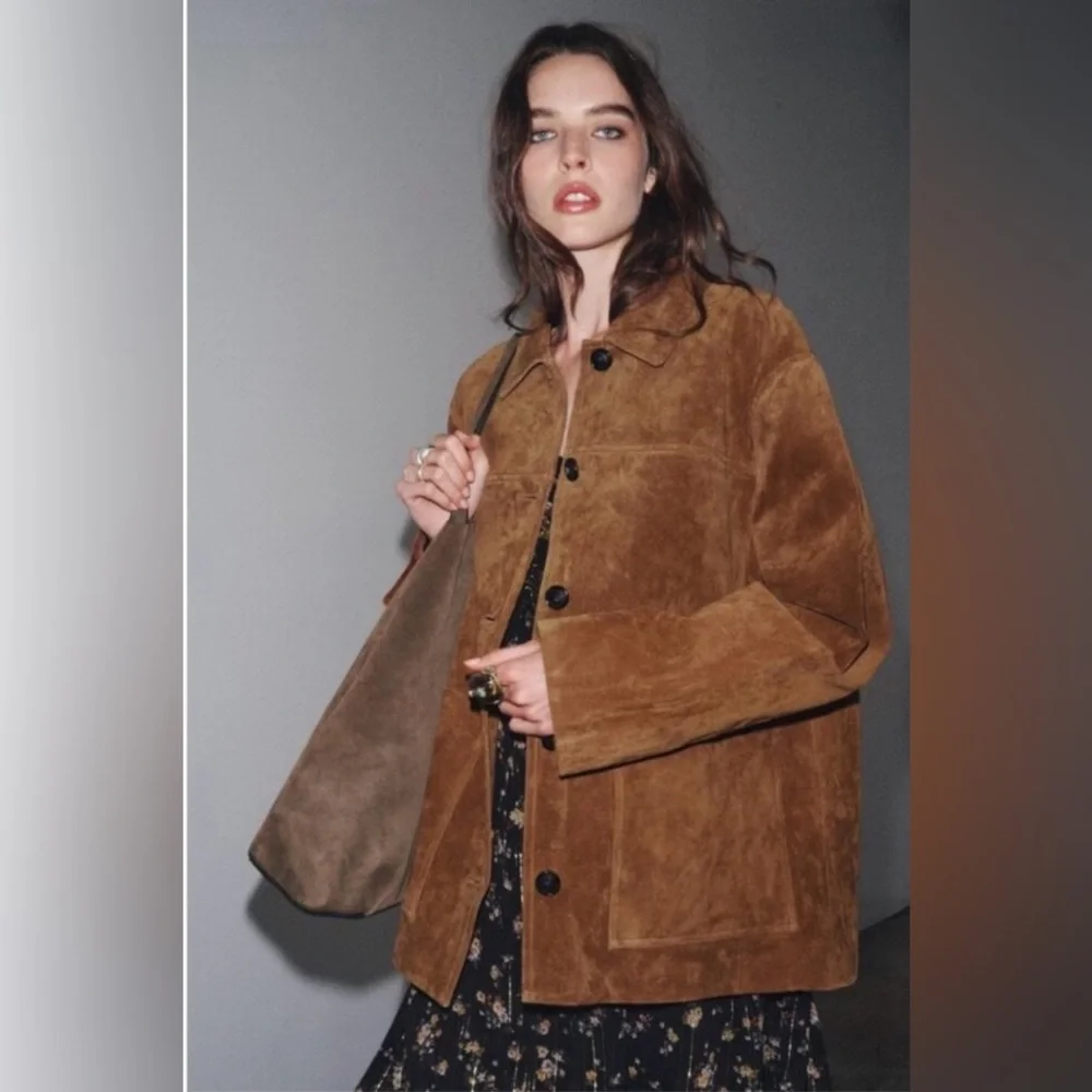 ZARA Leather Collection Suede Jacket Brown Button Front Overshirt Size M - Picture 2 of 5